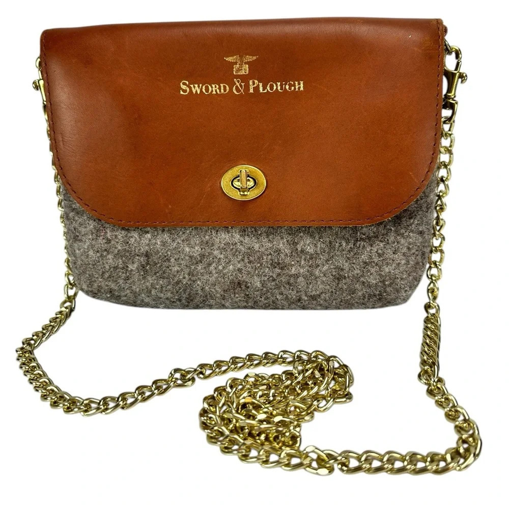 SWORD & PLOUGH Grey Wool Crossbody Bag - Brown Leather Gold Chain - Picture 1 of 9